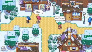 Two pixelated chibi characters walk past each other in a wintry town. The one on the upper left has a speech bubble that says "Hey!" while a green-haired character on the right has one that says "What's up?"