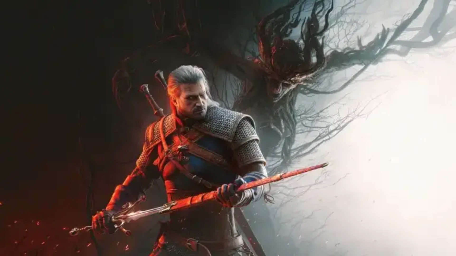 Geralt sheaths his blade as a spectral creature looms behind him