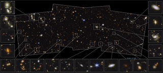 The PEARLS field looking toward the North Celestial Pole. Inset are numerous types of galaxy, from interacting galaxies to ruby-red dusty star-forming galaxies.
