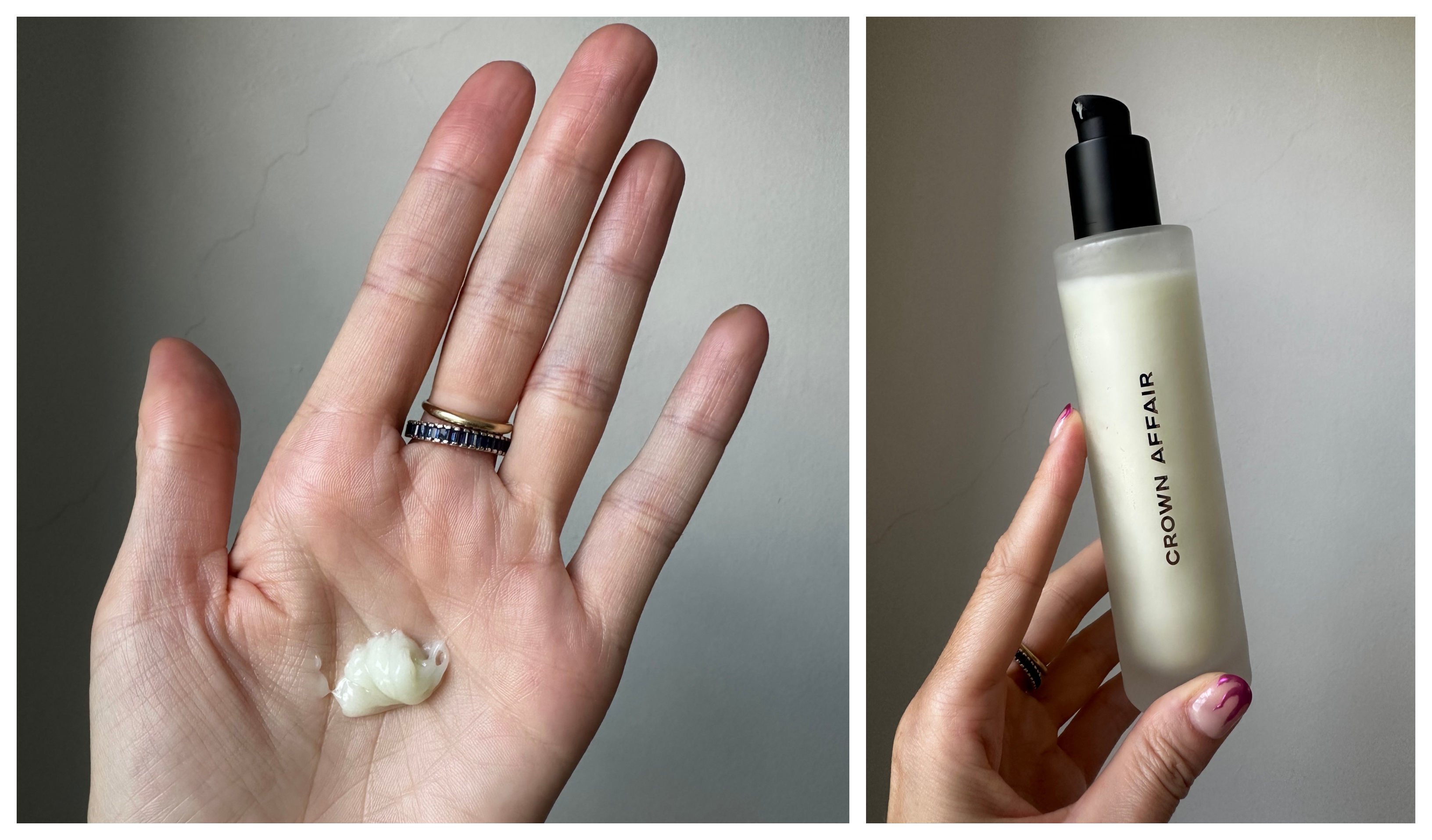 Hannah Baxter holding the crown affair repair serum bottle on the right and with a small handful of the serum on the left
