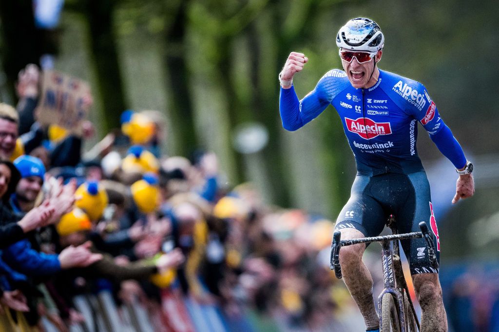 Niels Vandeputte celebrates as he crosses the finish line to win in Lille