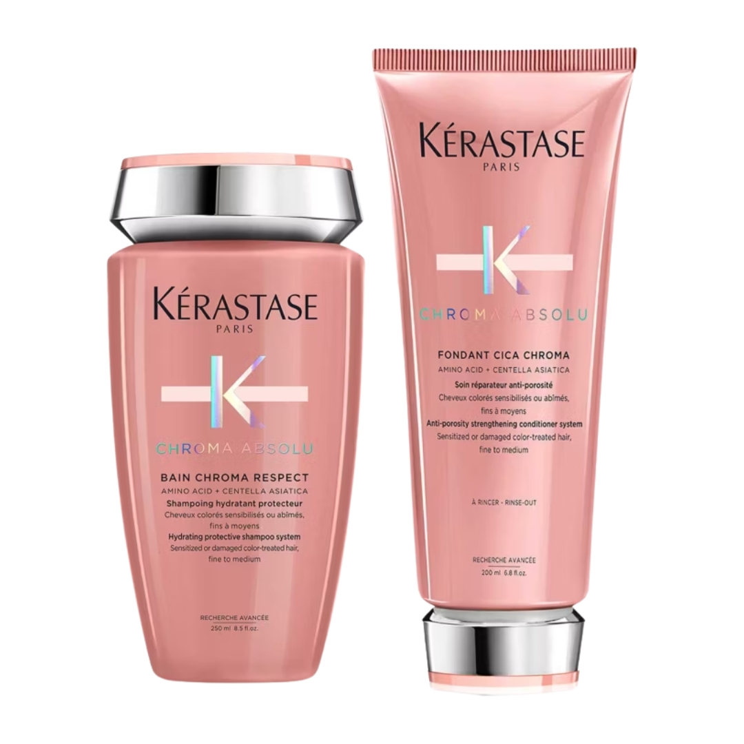 A product shot of the Kérastase Chroma Absolu Shampoo & Conditioner Duo, on a white background