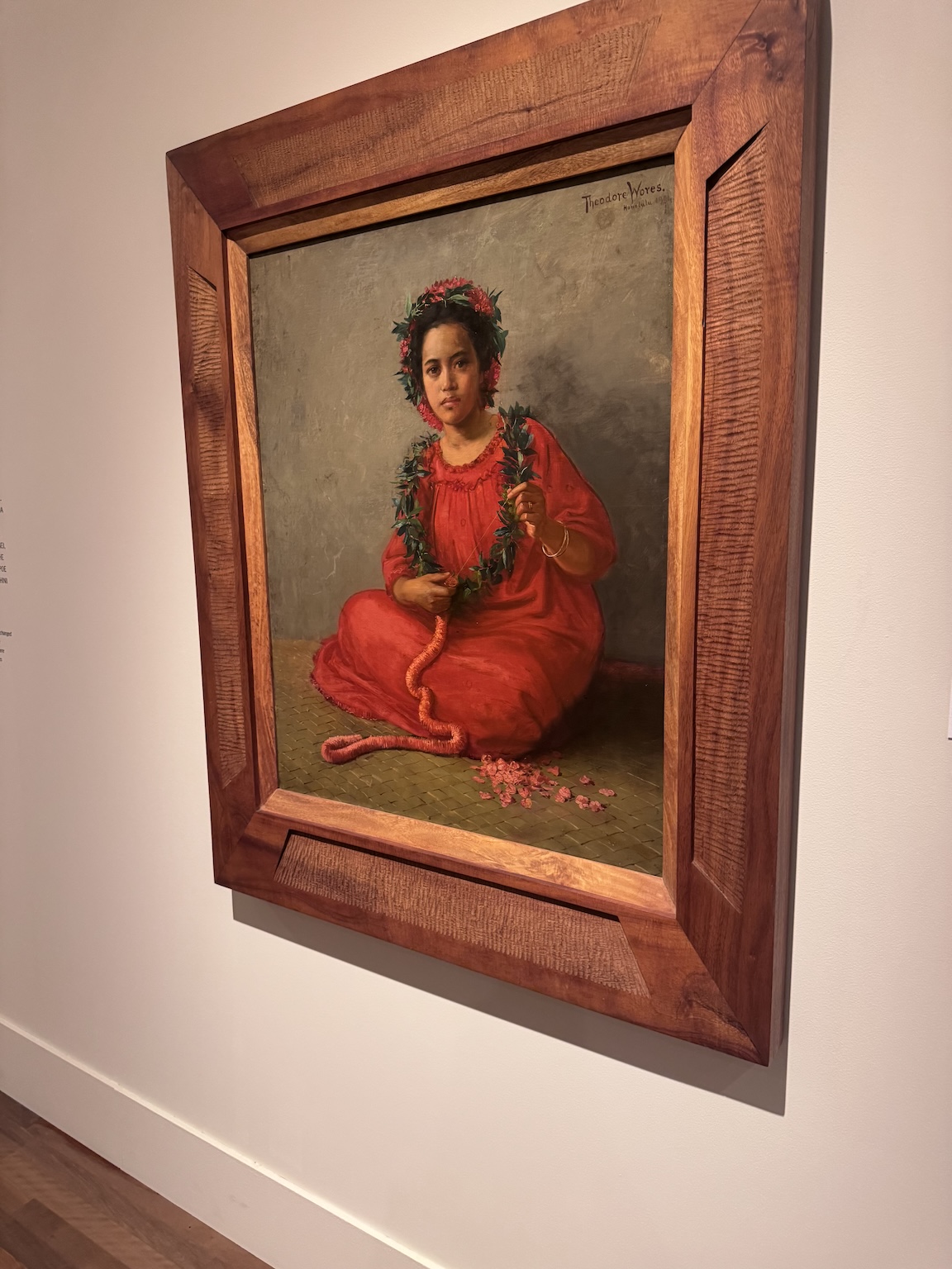 A painting of a child making a lei