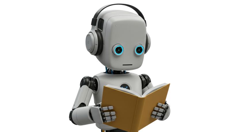 Isolated Robot Reading Book Wearing Headphones