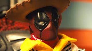 A Deadpool figure dressed up like Woody from Toy Story.
