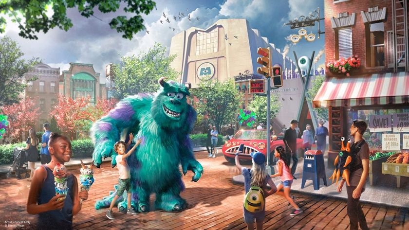 Monsters Inc land concept art with Sully interacting with guests