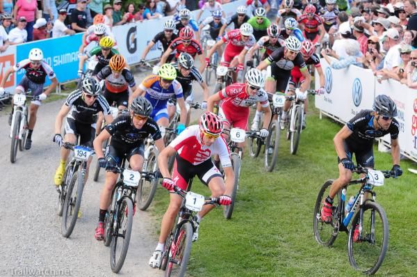 The elite men's start was on a circular gravel track