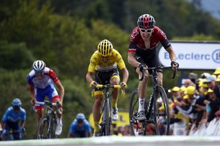 Geraint Thomas finishes stage 6 of the Tour de France at La Planche des Belles Filles