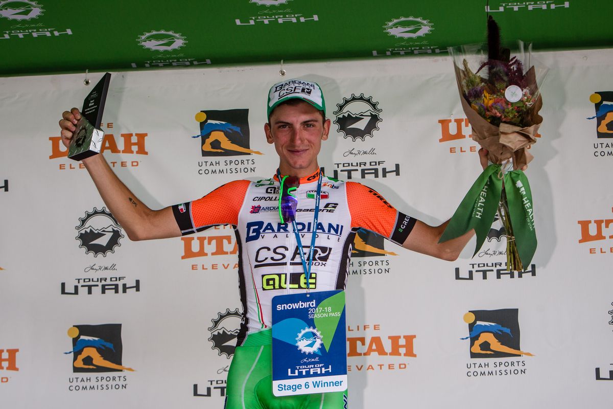 Giulio Ciccone on the podium after winning stage 6 at the Tour of Utah