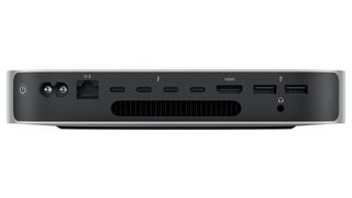 The back end of the Mac mini M2 Pro, with its four USB-C ports.