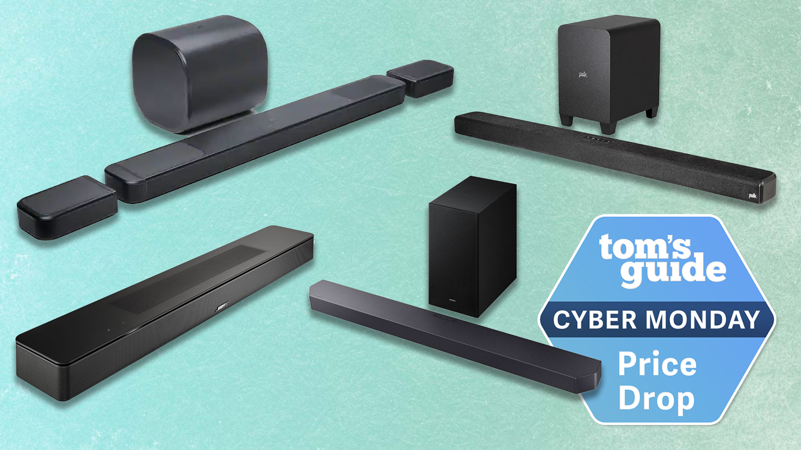 the jbl bar 1300mk2, bose smart soundbar, samsung 600f, and polk audio signa s4 with a tom&#039;s guide cyber monday badge