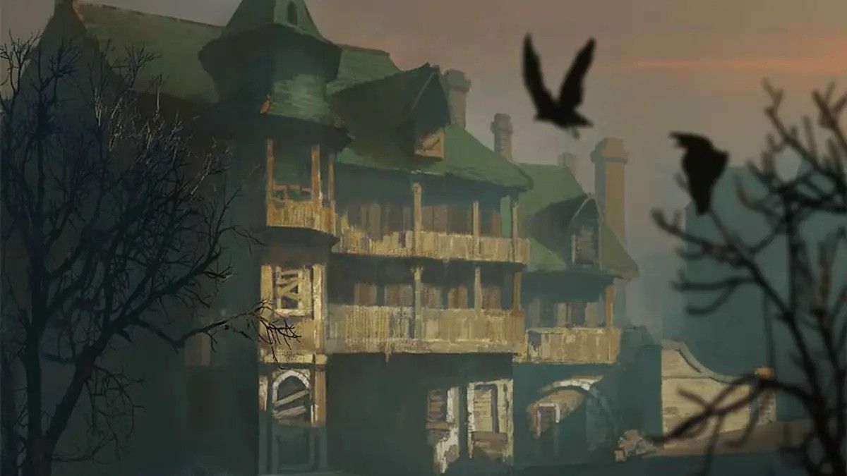 D&amp;D bastion art of trollskull manor with birds flying across the frame