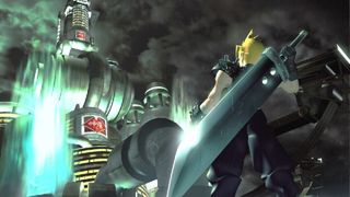Cloud posiert vor einem Mako Reactor in Final Fantasy 7