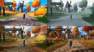 Comparison of four landscape scenes illustrating rendering techniques. Top left: Vibrant Roblox render. Top right: Simplified 3D data. Bottom left: Lab results with moderate details. Bottom right: Enhanced Super Upsampler vision with rich colors and textures.