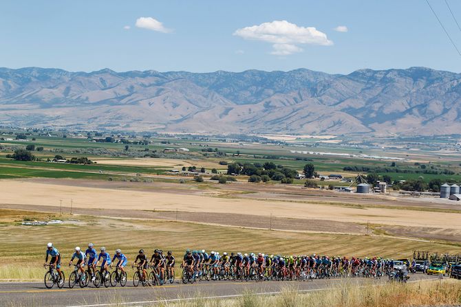 The peloton gets strung out on the way up the KOM climb during stage 1 of the 2019 Tour of Utah