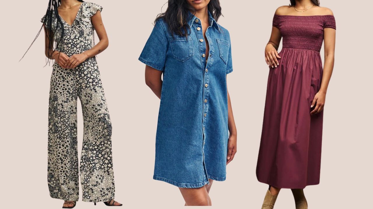 three figures one in patterned jumpsuit, one in denim dress, one in red dress