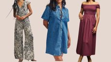 three figures one in patterned jumpsuit, one in denim dress, one in red dress