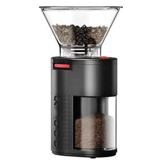 A Bodum Bistro Electric Burr Coffee Grinder on a white background