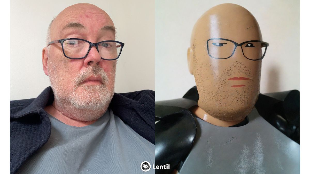 Original image (left) and Lentil AI: Photo Art Generator generated image (right) made to look like scene inspired by Lego