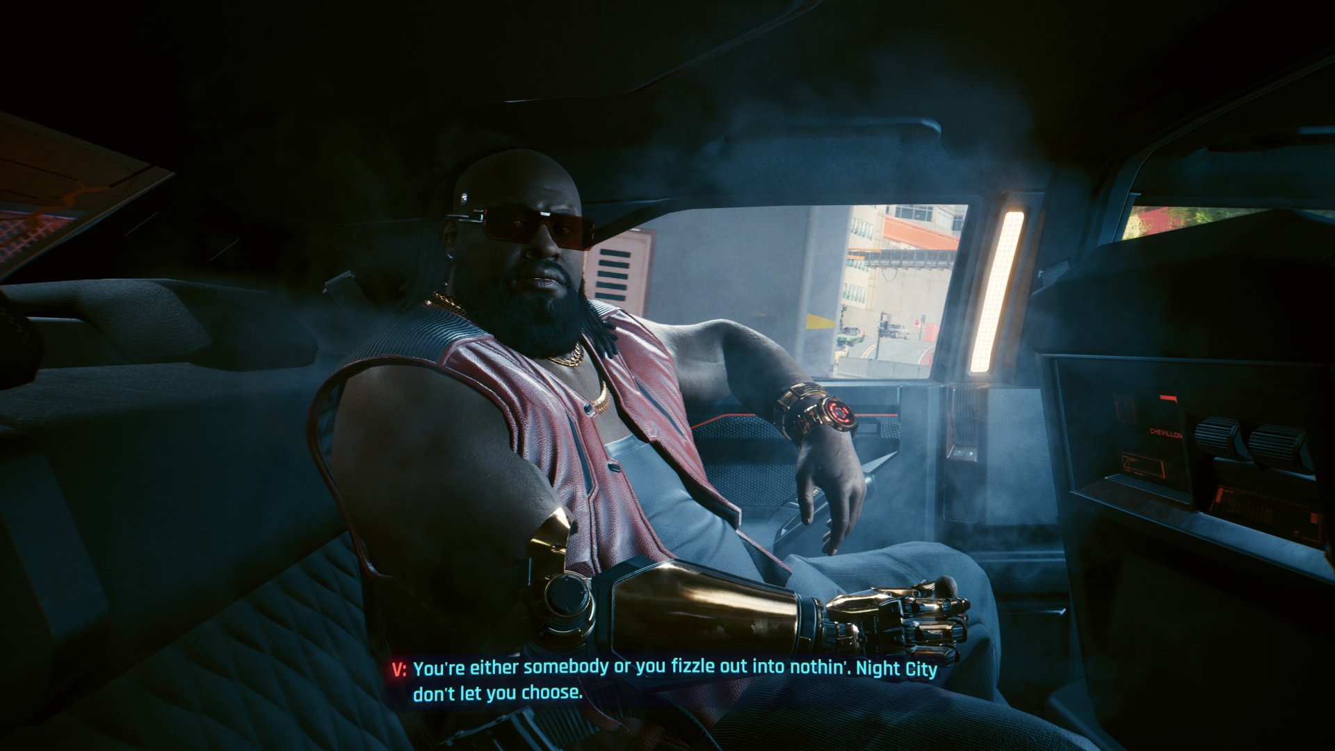 Cyberpunk 2077 screenshot showing V talking to fixer Dexter DeShawn in his car, where they reply in answer, &amp;quot;You&#039;re either somebody or you fizzle out into nothin&#039;. Night City don&#039;t let you choose.&amp;quot;
