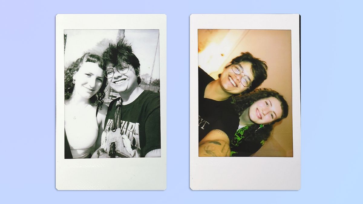 Two selfies of two women, taken on a Fujifilm Instax mini Evo instant camera