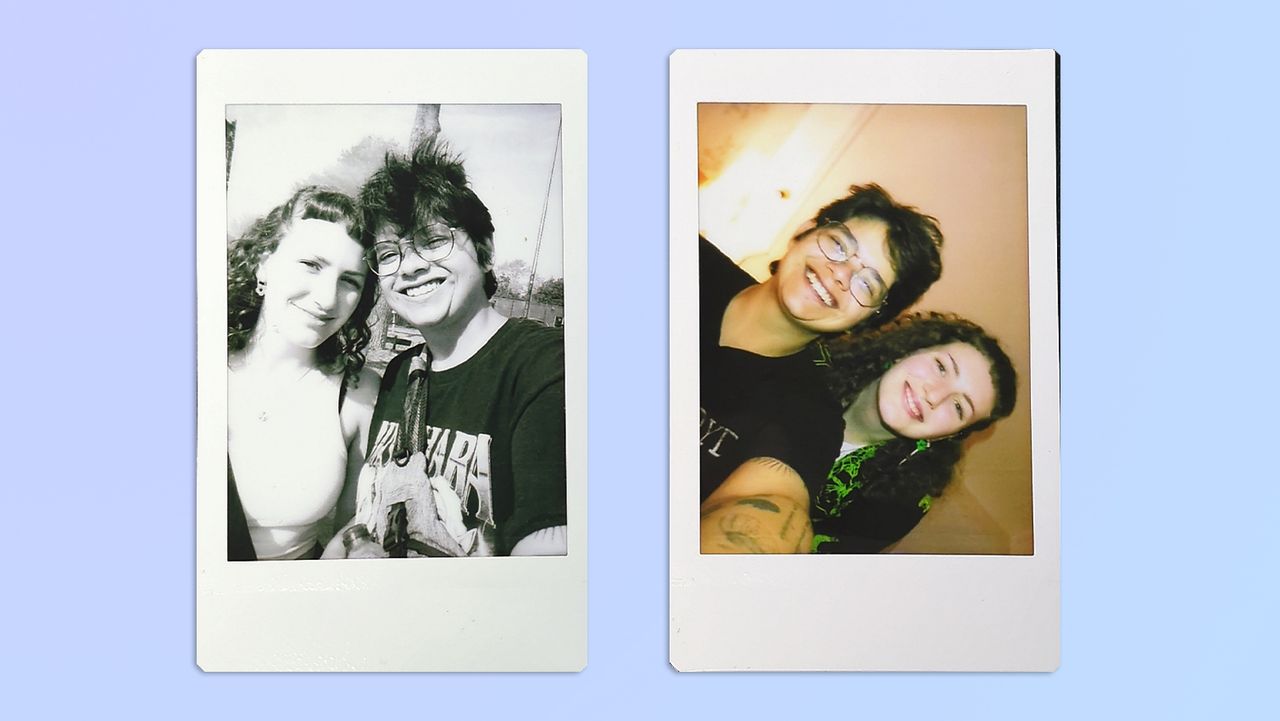 Two selfies of two women, taken on a Fujifilm Instax mini Evo instant camera