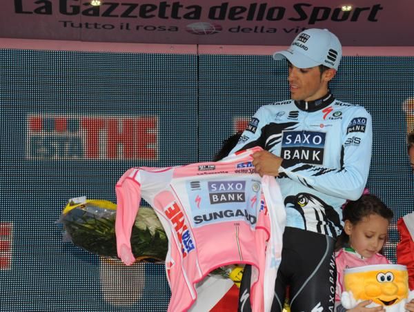 Alberto Contador (Saxo Bank) pulls on pink for the first time in the race