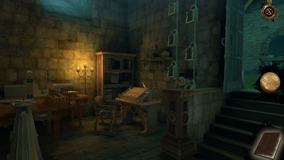 A candlelit room in the carriage house full of unusual mechanisms.