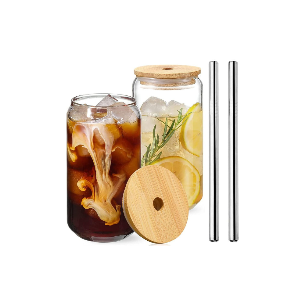 Jetcloud 2pcs Transparent Can Shaped Glass Cups With Bamboo Lids &amp;amp; Stainless Steel Straw 500ml Drinking Glasses Set for Cold Beverage Juice Coffee Cocktail Whiskey Beer