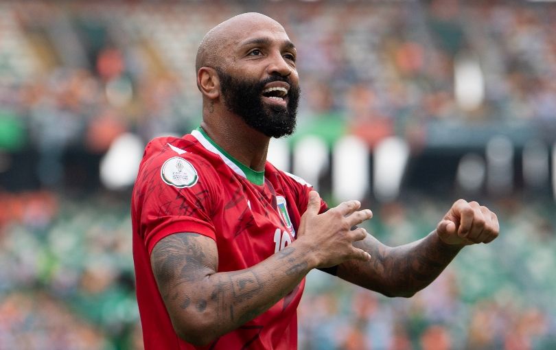 Equatorial Guinea&#039;s Emilio Nsue celebrates against Guinea-Bissau