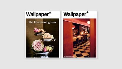Wallpaper* December 2025 Entertaining Issue covers, featuring a display of food and the interior of Carbone restaurant in London, respectively