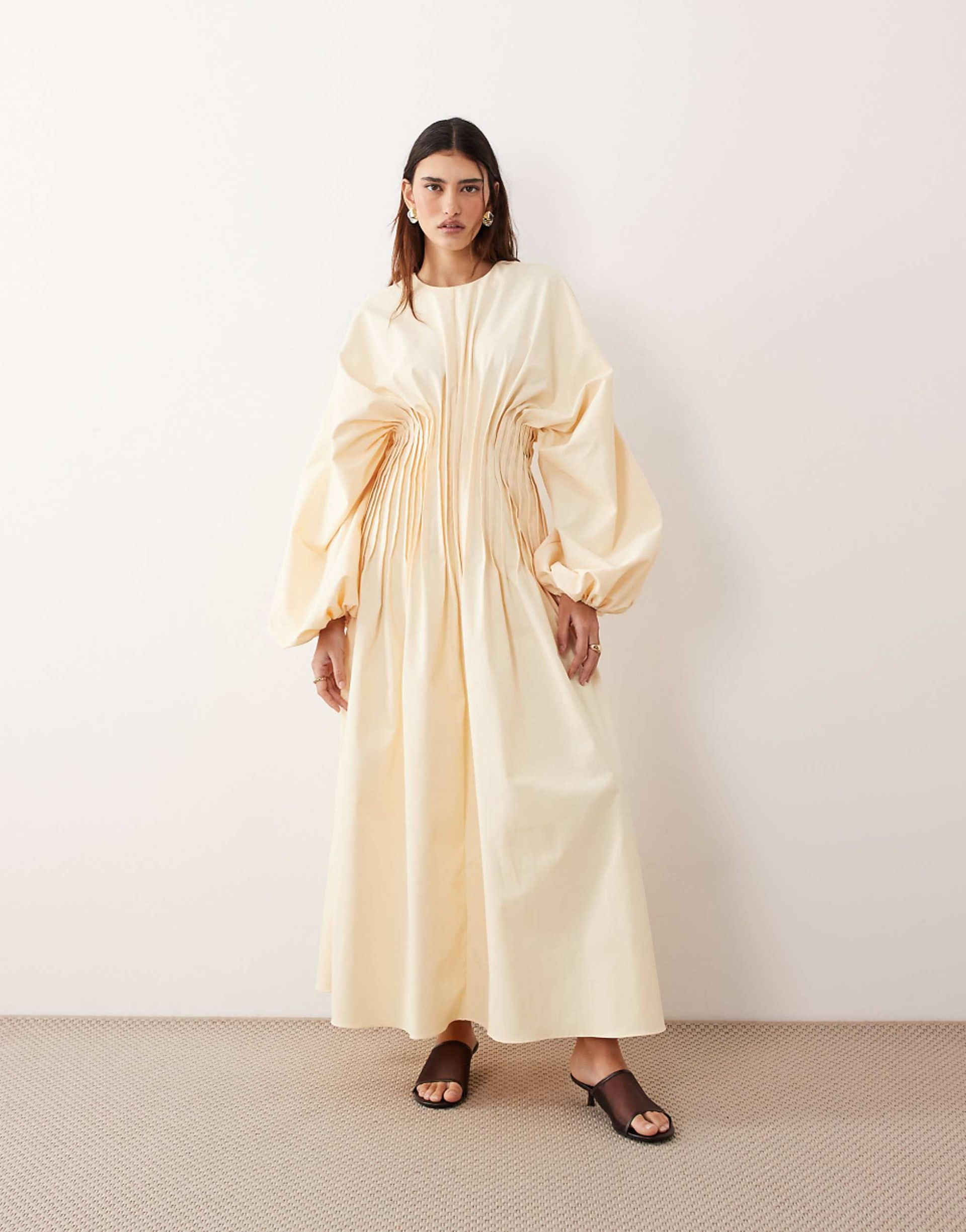 Arrange Pleated Waist Long Sleeve Maxi Dress in Buttermilk