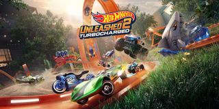 A cover artwork from Hot Wheels Unleashed 2, with several cars on an orange Hot Wheels track in a back garden.