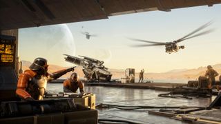 Ornithopters landing in Dune while someone points in sci-fi armor