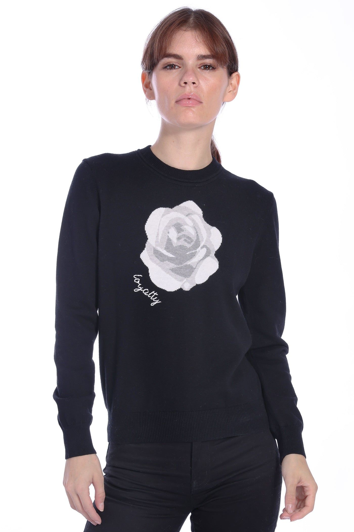 COTTON CASHMERE ROSE INTARSIA CREW W/ EMBROIDERY