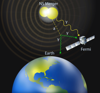An illustration of the Fermi space telescope above Earth, detecting gamma rays from a neutron star merger.