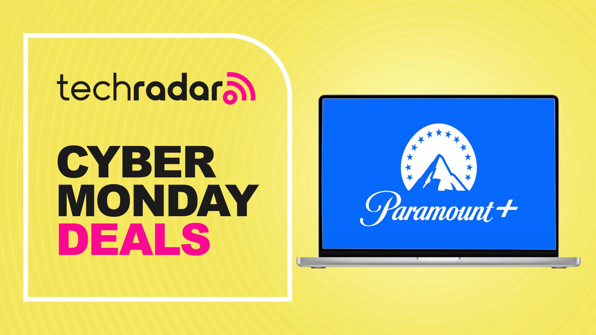 A Cyber Monday deals sign next to a laptop displaying the Paramount+ logo