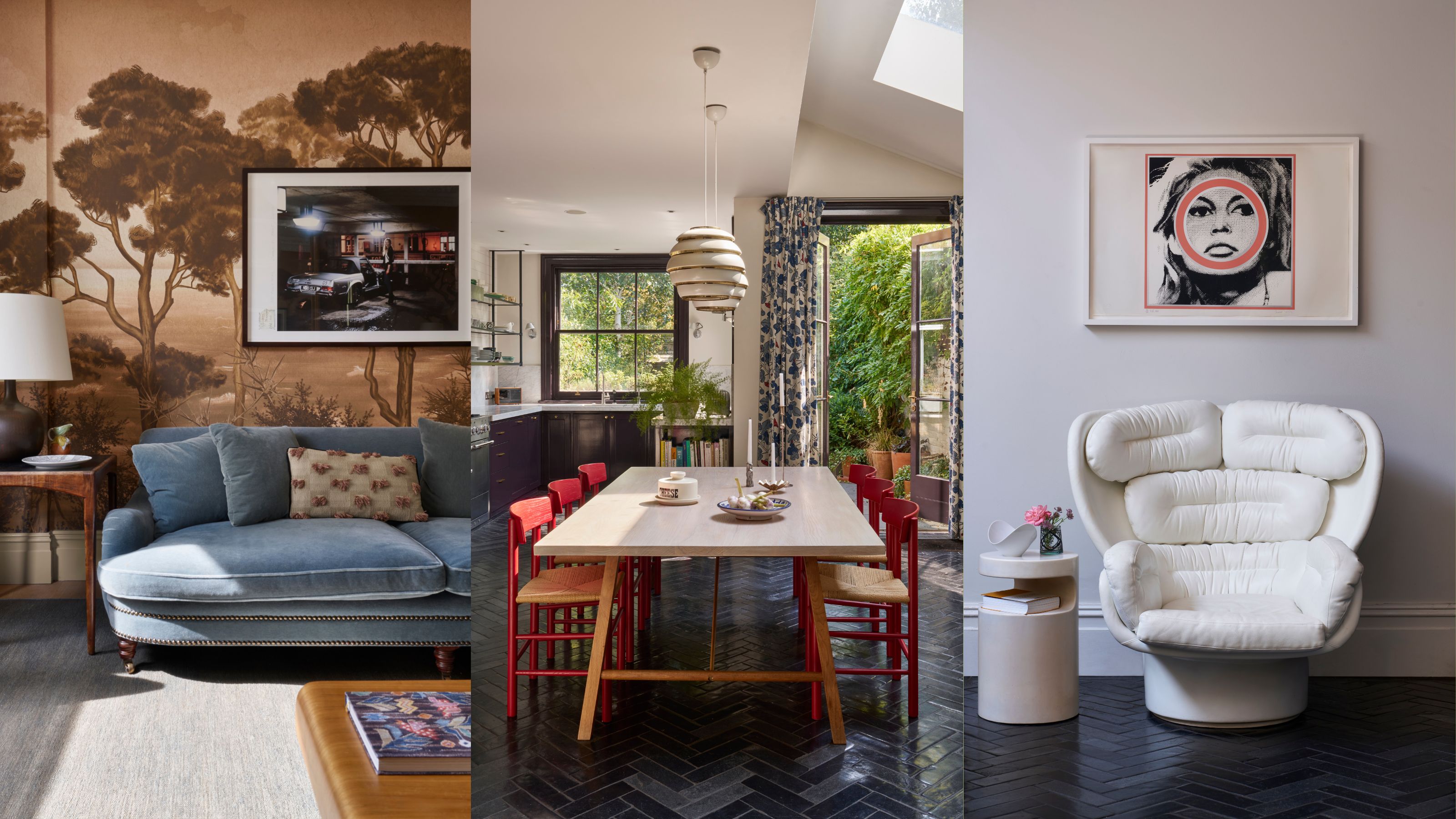 A shot of three areas of a home in Suzy Hoodless&#039;s London townhouse including a shot of the living room, kitchen dining are and a seating area in the home.