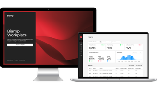 The Biamp Workplace platform shown on both a laptop and desktop display.