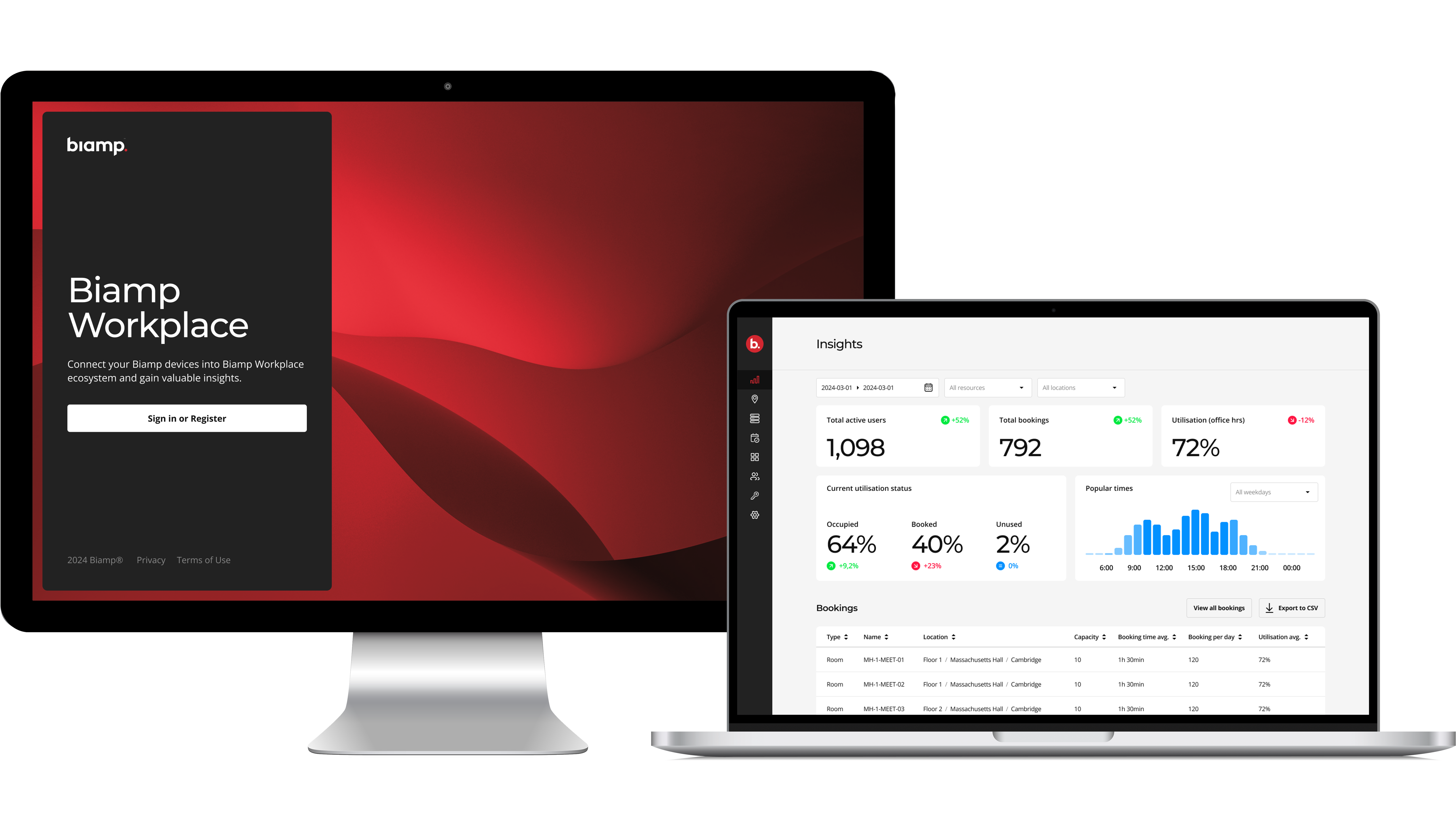 The Biamp Workplace platform shown on both a laptop and desktop display. 