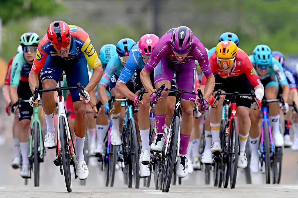 SOFIA, BULGARIA - MAY 10: (L-R) Jonathan Milan of Italy and Team Lidl - Trek, Paul Magnier of France and Team Soudal Quick-Step - Purple Points Jersey, Madis Mihkels of Estonia and Team EF Education - EasyPost sprint at finish line during the 109th Giro d&amp;apos;Italia 2026, Stage 3 a 175km stage from Plovdiv to Sofia / #UCIWT / on May 10, 2026 in Sofia, Bulgaria. (Photo by Tim de Waele/Getty Images)