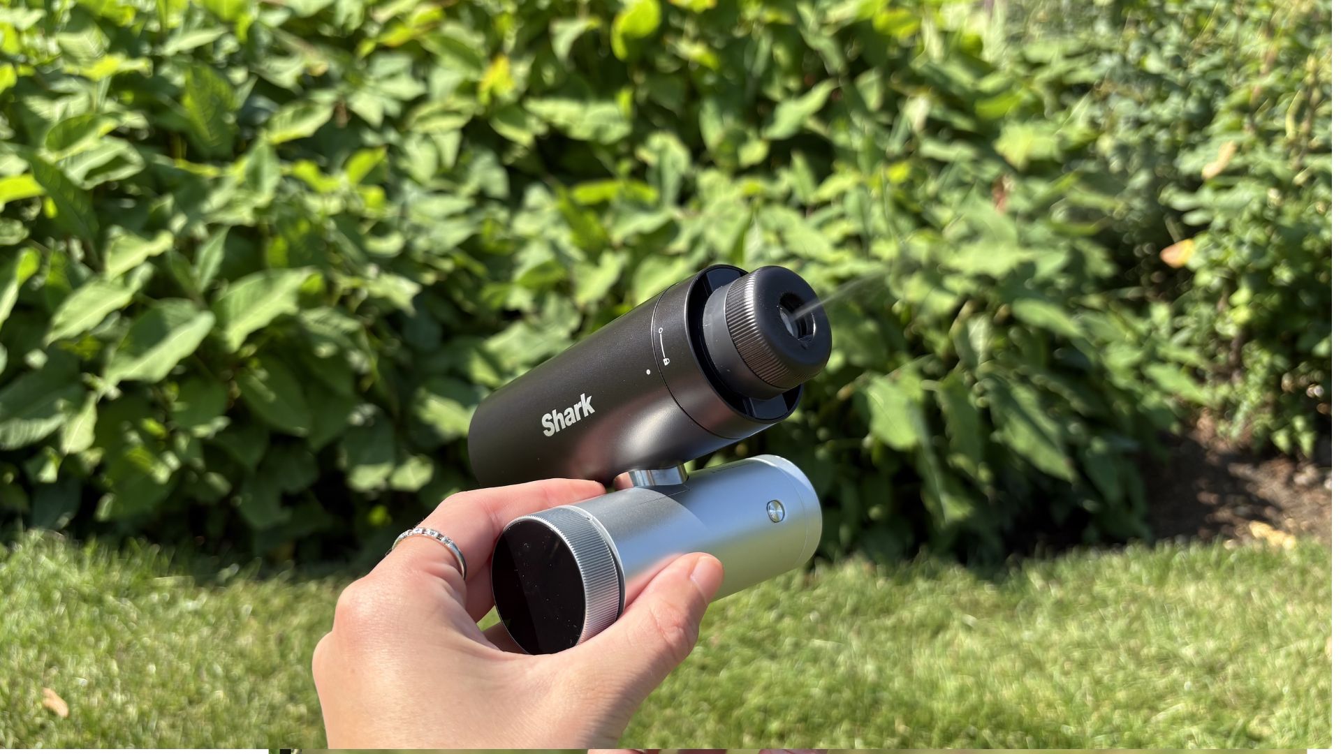 Shark ChillPill 3-in-1 Fan, Mist &amp;amp; InstaChill System being tested outside with the mister
