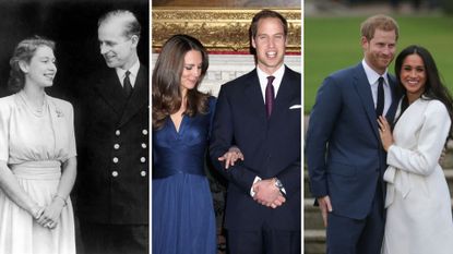 L-R: Queen Elizabeth and Prince Philip. Kate Middleton and Prince William, Prince Harry and Meghan Markle 