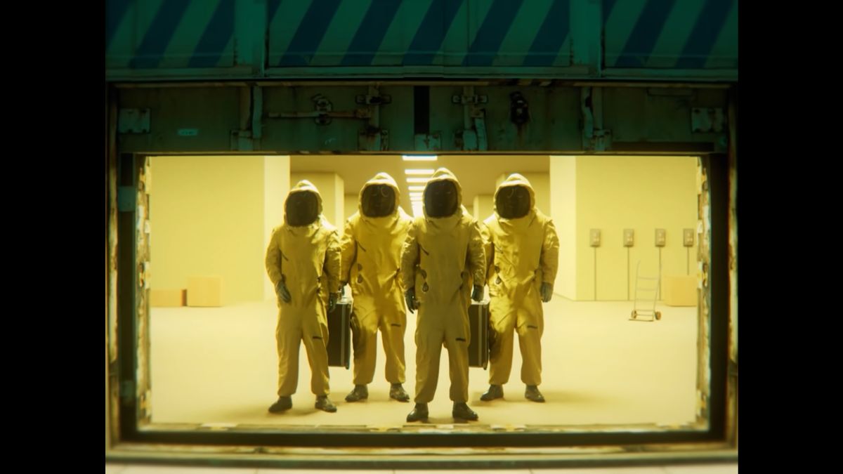 The backrooms entities emerging from an opening hatch.