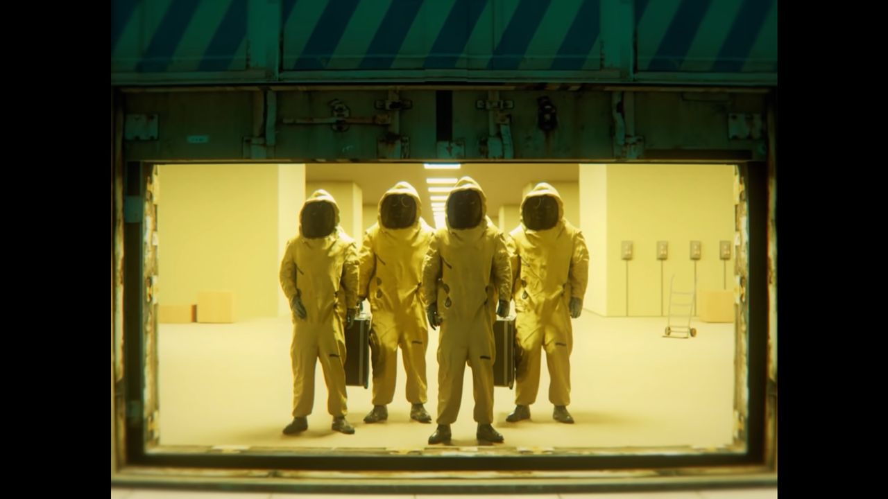 The backrooms entities emerging from an opening hatch.