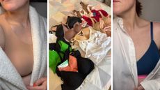two shots of matilda wearing bras next to a pile of bras