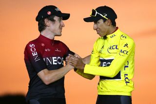 PARIS FRANCE JULY 28 Podium Geraint Thomas of United Kingdom and Team INEOS Egan Bernal of Colombia and Team INEOS Yellow Leader Jersey Celebration during the 106th Tour de France 2019 Stage 21 a 128km stage from Rambouillet to Paris Champslyses TDF TDF2019 LeTour on July 28 2019 in Paris France Photo by Chris GraythenGetty Images