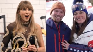 From left to right: Taylor Swift looking shocked in The End of an Era and Connor Watkins and Breezy Johnson smiling an dstanding together during an interview on Today. 