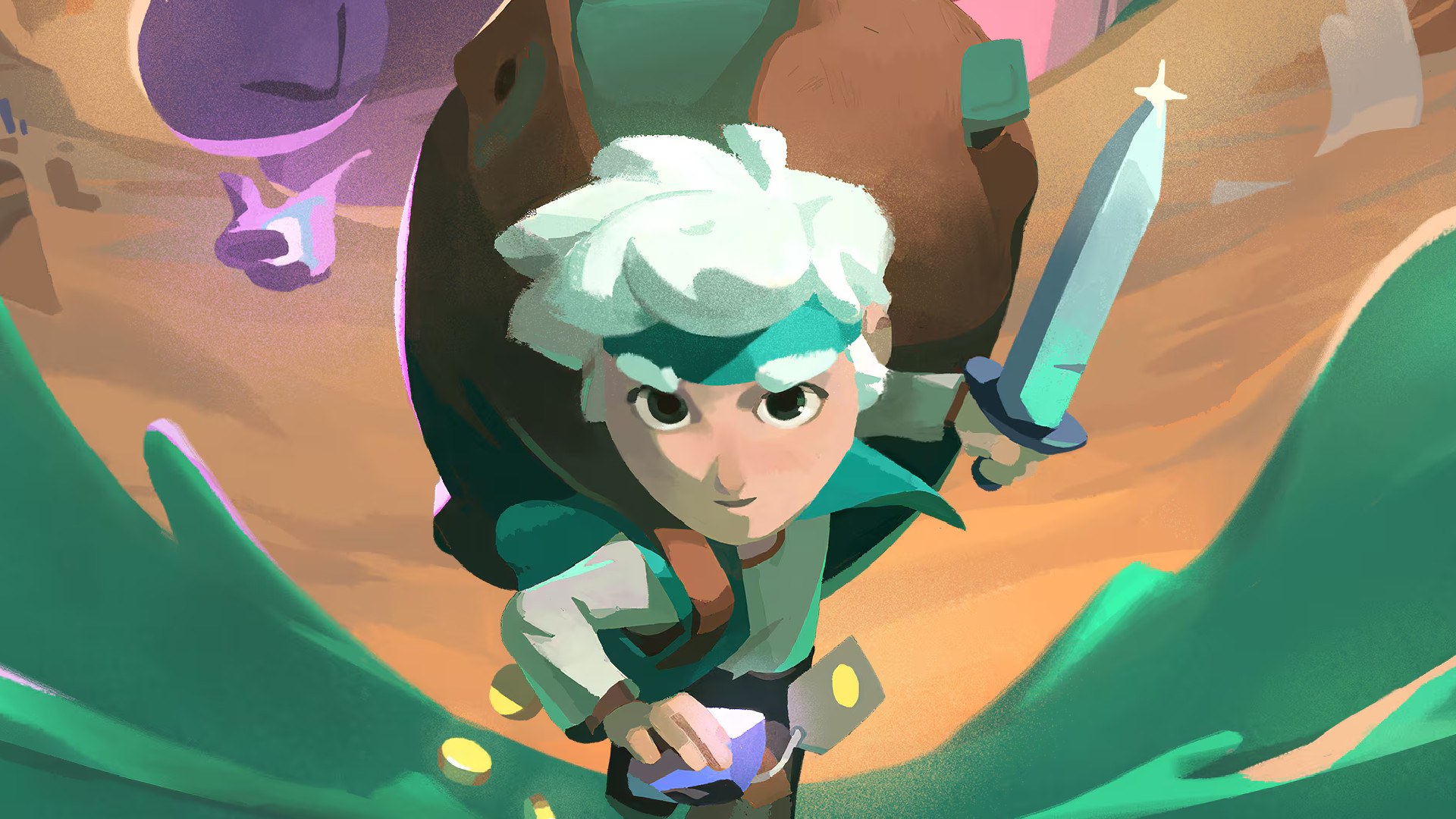 Will runs through a portal with a sword in hand in cropped key art for Moonlighter 2: The Endless Vault