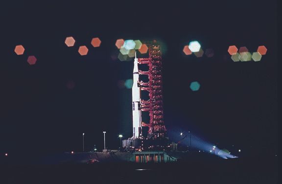 Artistic lighting creates a striking picture of the Apollo 11 Saturn V on the evening of May 20.